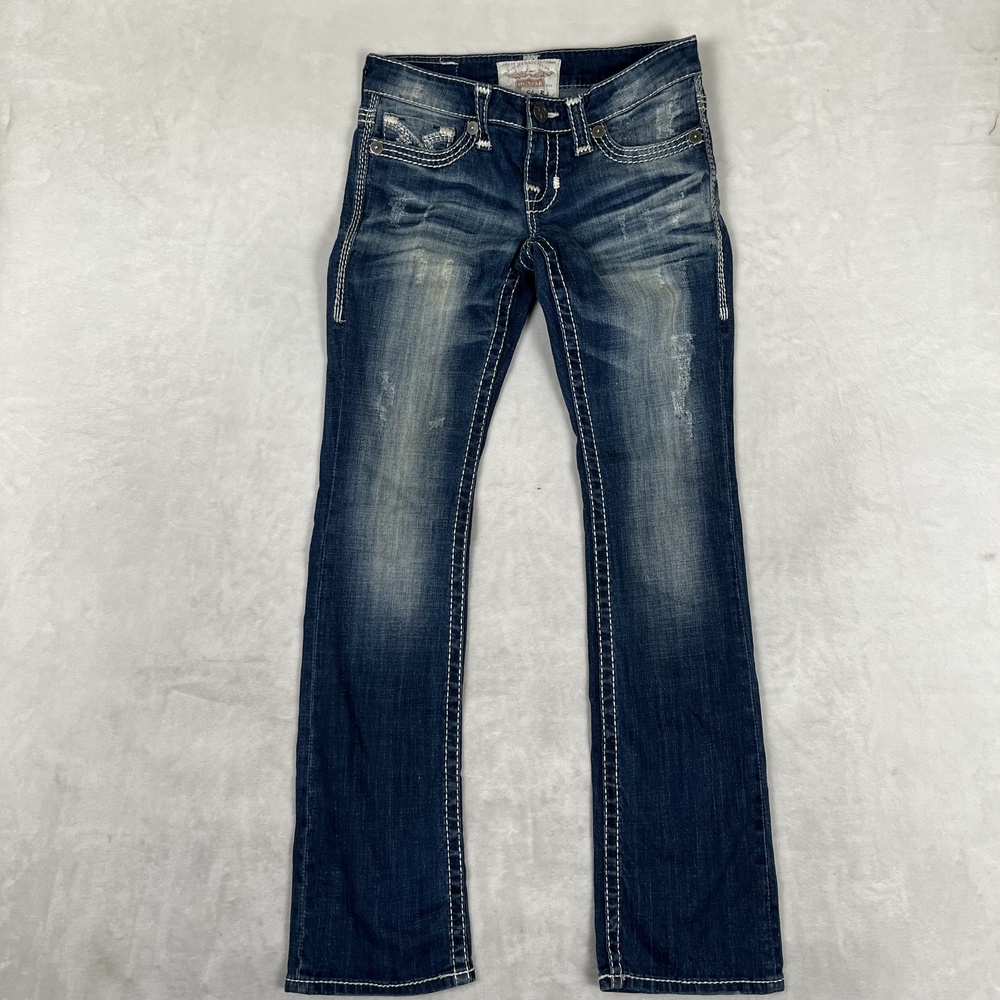 Big Star Liv Slim Boot Jeans Womens 26R Blue Wash Distressed Embroidered Denim